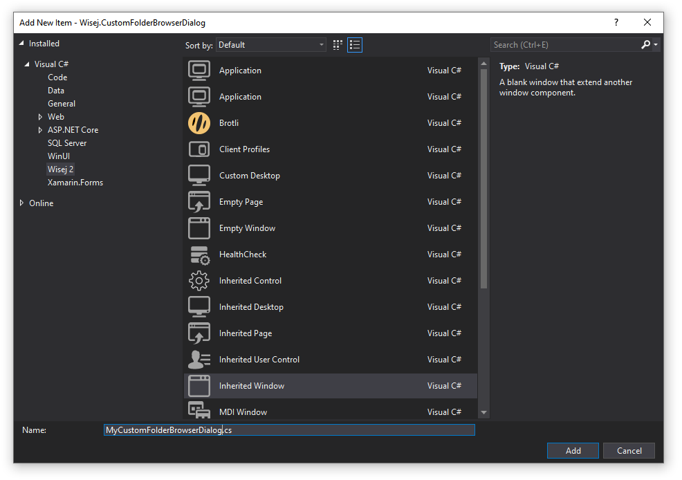 Dialog showing the Inherited Window creation option